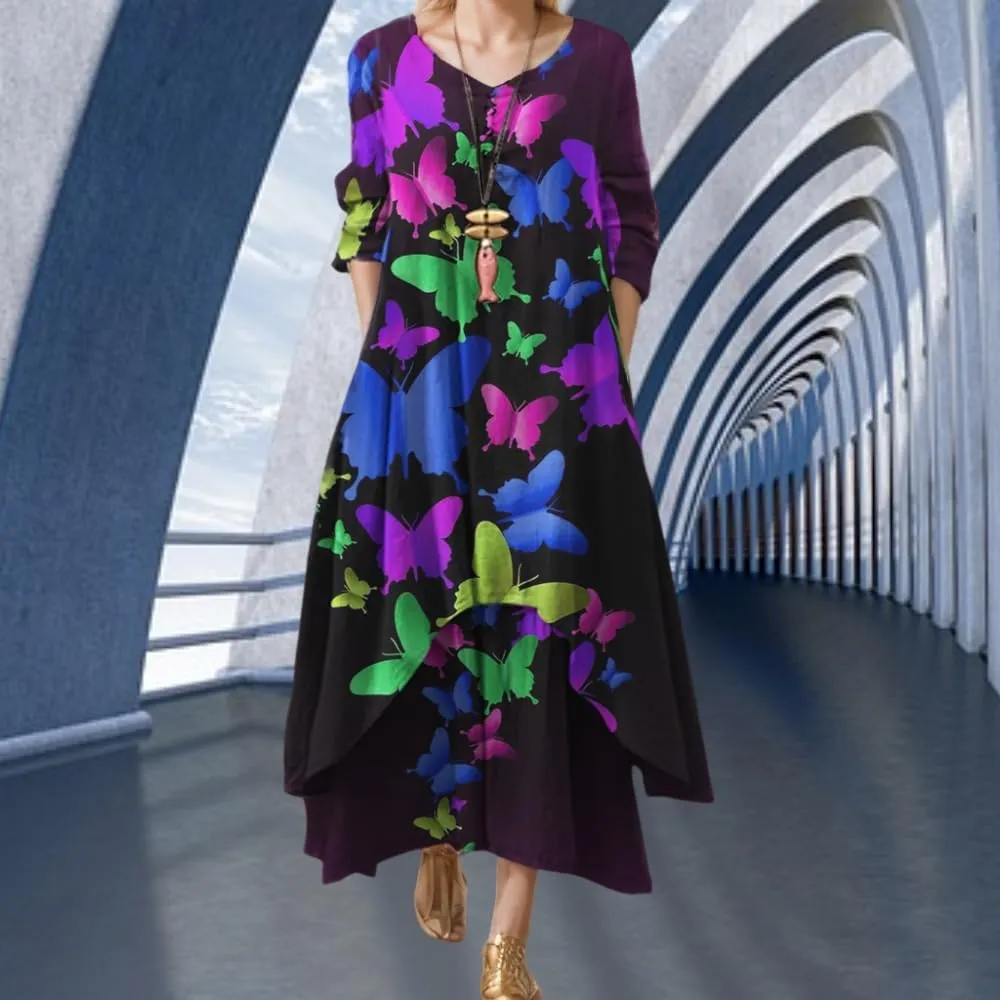 Women's Spring Linen Boho Floral Fake 2 Piece Irregular Hem Maxi Dress Summer Crewneck 3/4 Sleeve Dresses with Pocket
