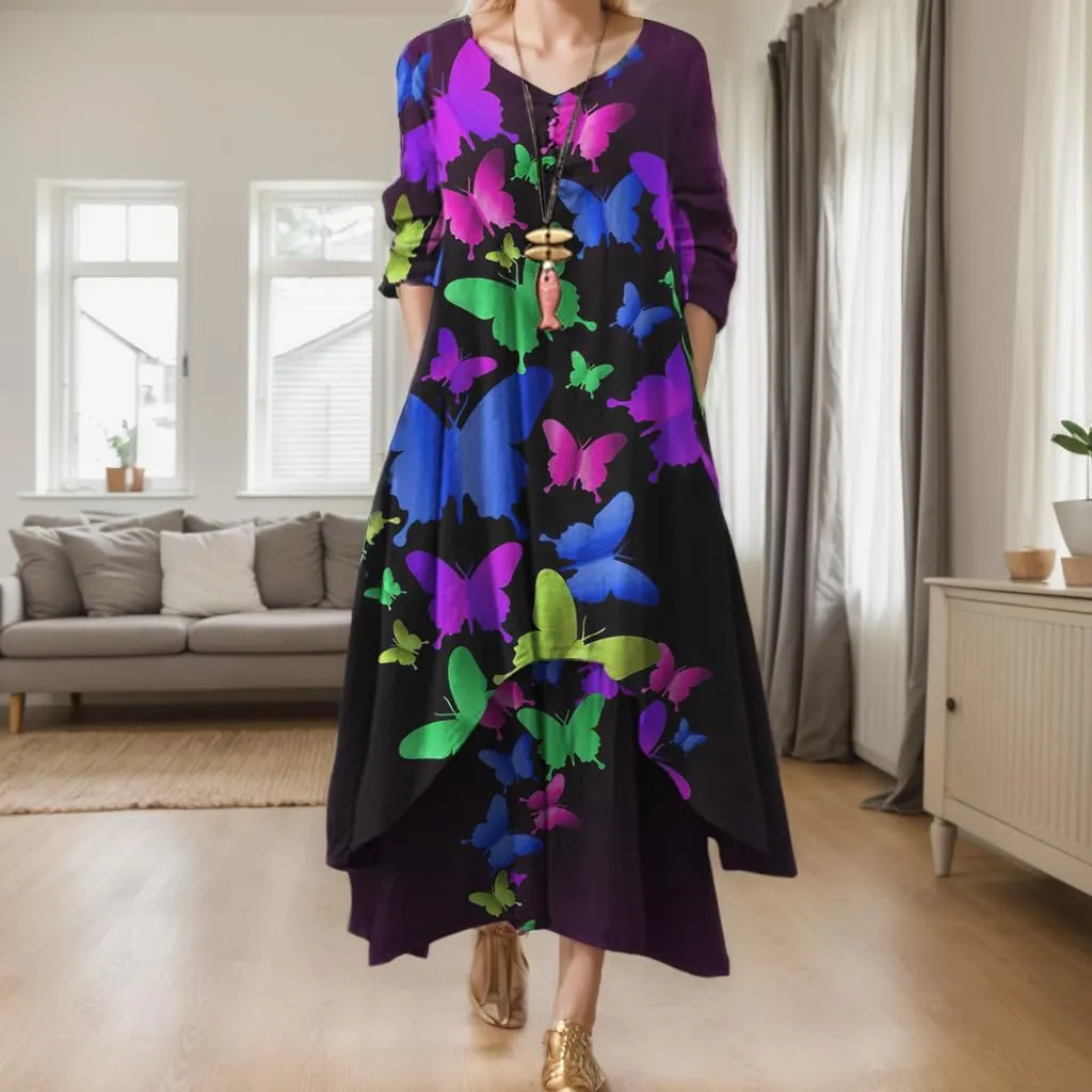 Women's Spring Linen Boho Floral Fake 2 Piece Irregular Hem Maxi Dress Summer Crewneck 3/4 Sleeve Dresses with Pocket