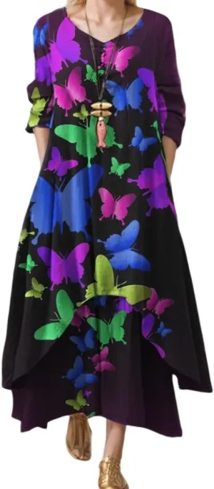 Women's Spring Linen Boho Floral Fake 2 Piece Irregular Hem Maxi Dress Summer Crewneck 3/4 Sleeve Dresses with Pocket