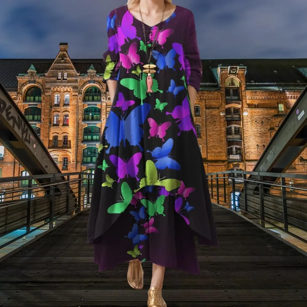Women's Spring Linen Boho Floral Fake 2 Piece Irregular Hem Maxi Dress Summer Crewneck 3/4 Sleeve Dresses with Pocket