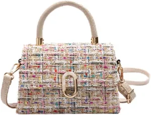 Women’s Tweed Plaid Square Handbag, Retro Quilted Woven Embroidered Shoulder Bag, Ladies Cute Woolen Top Handle Satchel Tote