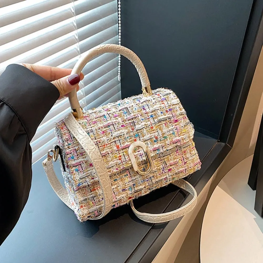 Women’s Tweed Plaid Square Handbag, Retro Quilted Woven Embroidered Shoulder Bag, Ladies Cute Woolen Top Handle Satchel Tote