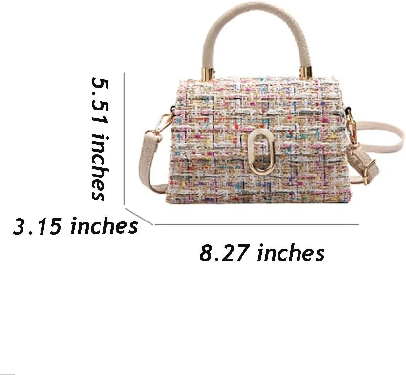 Women’s Tweed Plaid Square Handbag, Retro Quilted Woven Embroidered Shoulder Bag, Ladies Cute Woolen Top Handle Satchel Tote