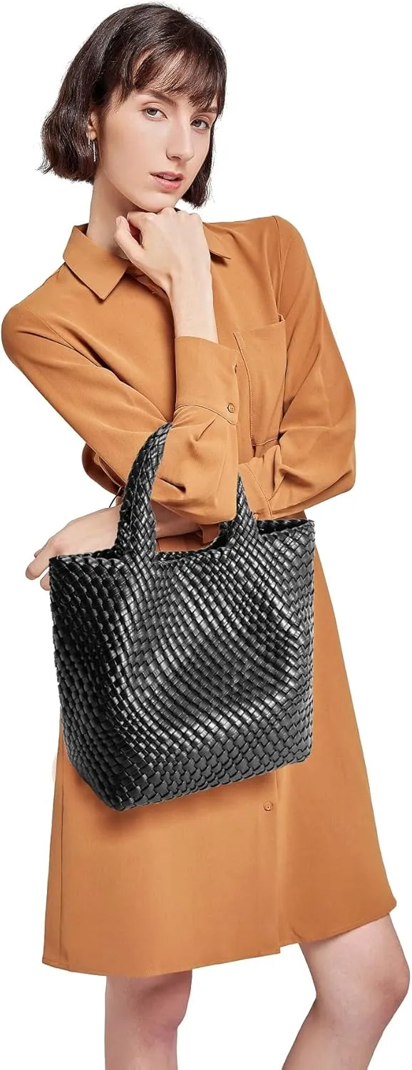 Woven Bag for Women, Vegan Leather Tote Bag Large Summer Beach Travel Handbag and Purse Retro Handmade Shoulder Bag