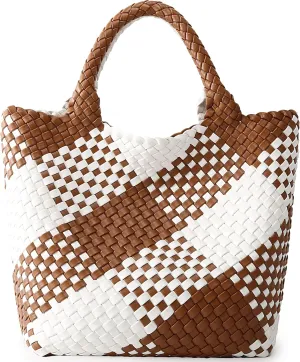 Woven Bag for Women, Vegan Leather Tote Bag Large Summer Beach Travel Handbag and Purse Retro Handmade Shoulder Bag
