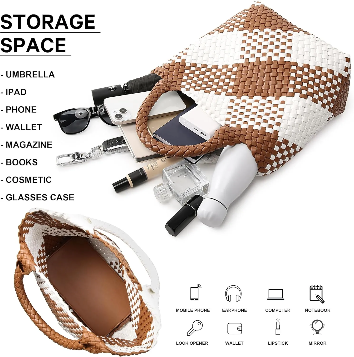 Woven Bag for Women, Vegan Leather Tote Bag Large Summer Beach Travel Handbag and Purse Retro Handmade Shoulder Bag