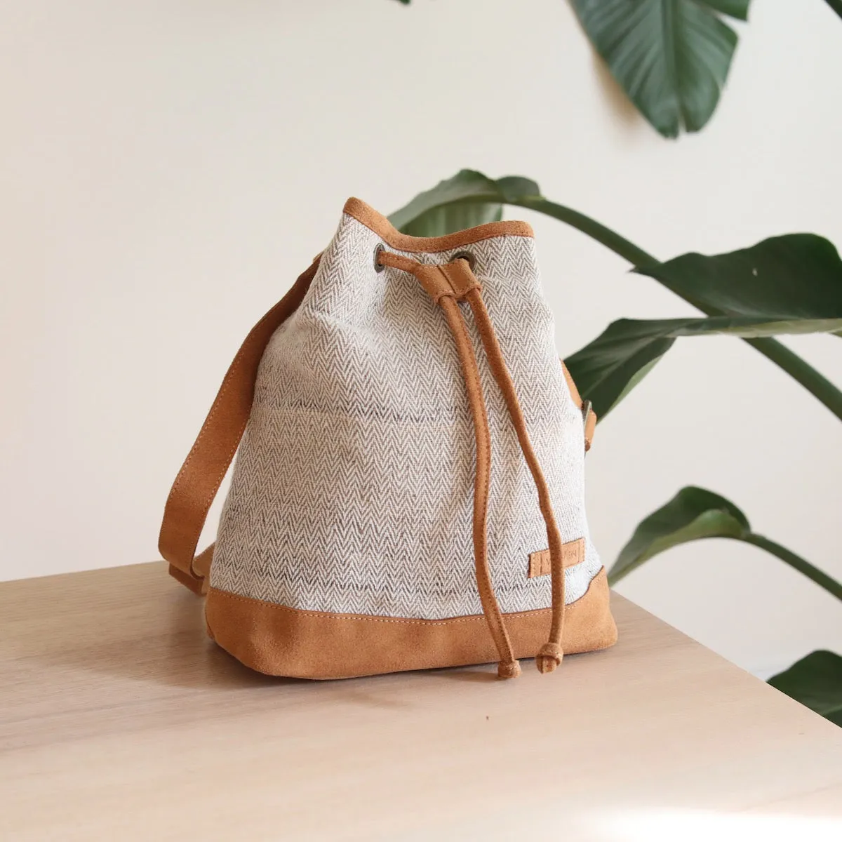WOVEN Drawstring Bucket Bag - Beige