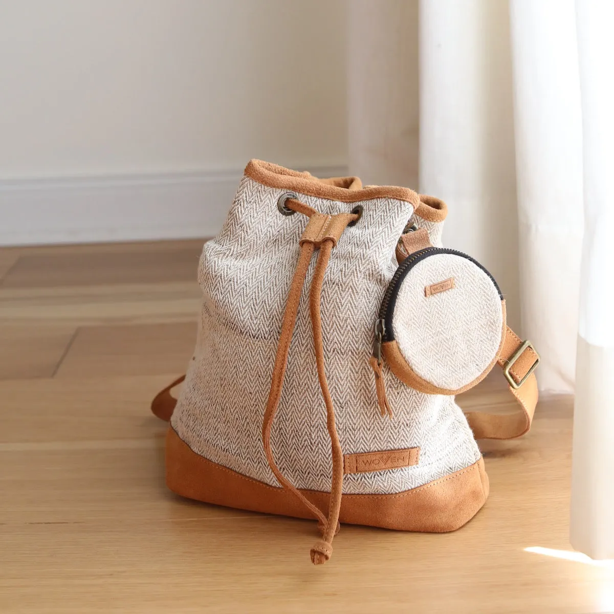 WOVEN Drawstring Bucket Bag - Beige