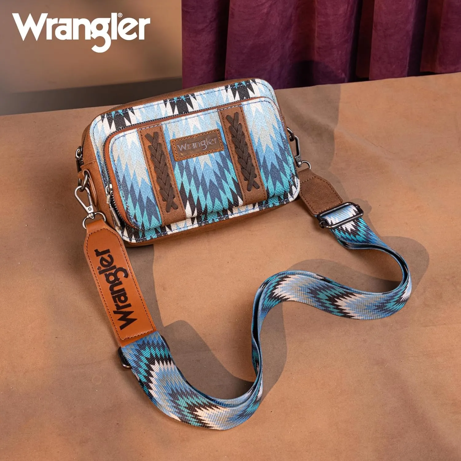 Wrangler Aztec Crossbody Bag for Women Multi Pocket Shoulder Bag Boho Cross Body Wallet Purse