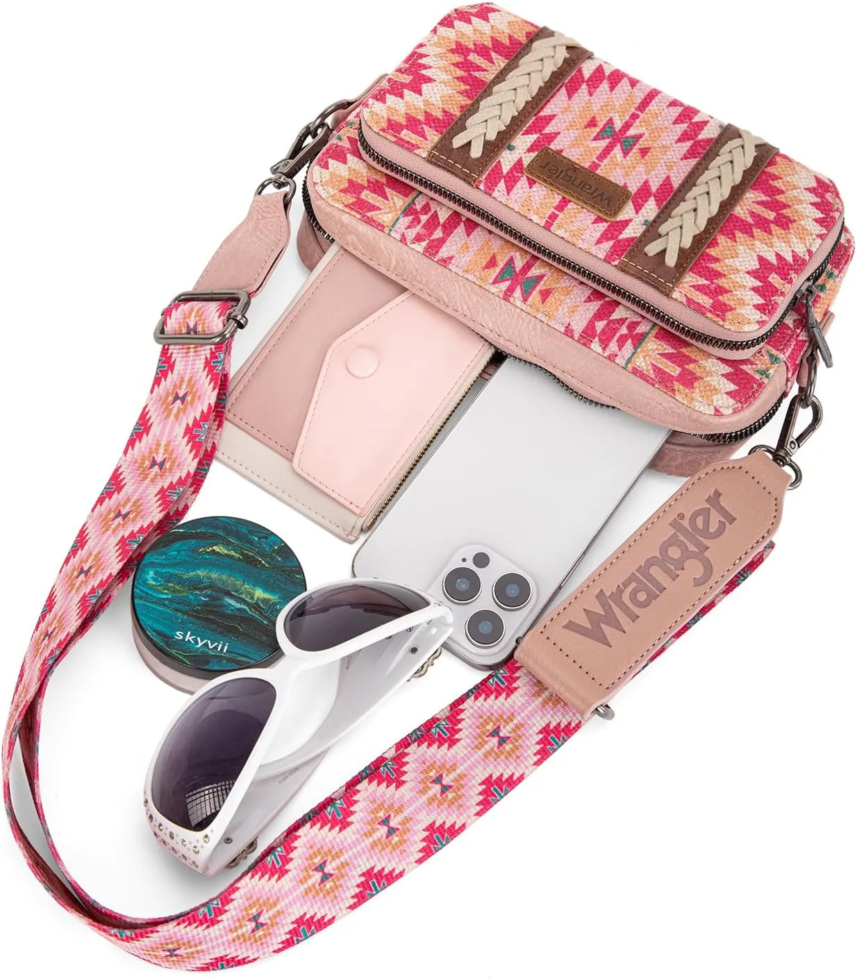 Wrangler Crossbody Bag for Women Boho Aztec Small Multi Pocket Crossover Purse