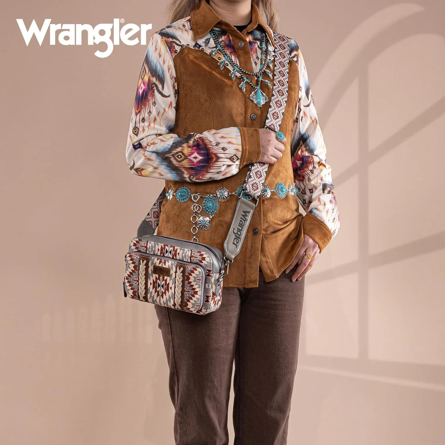 Wrangler Crossbody Bag for Women Boho Aztec Small Multi Pocket Crossover Purse