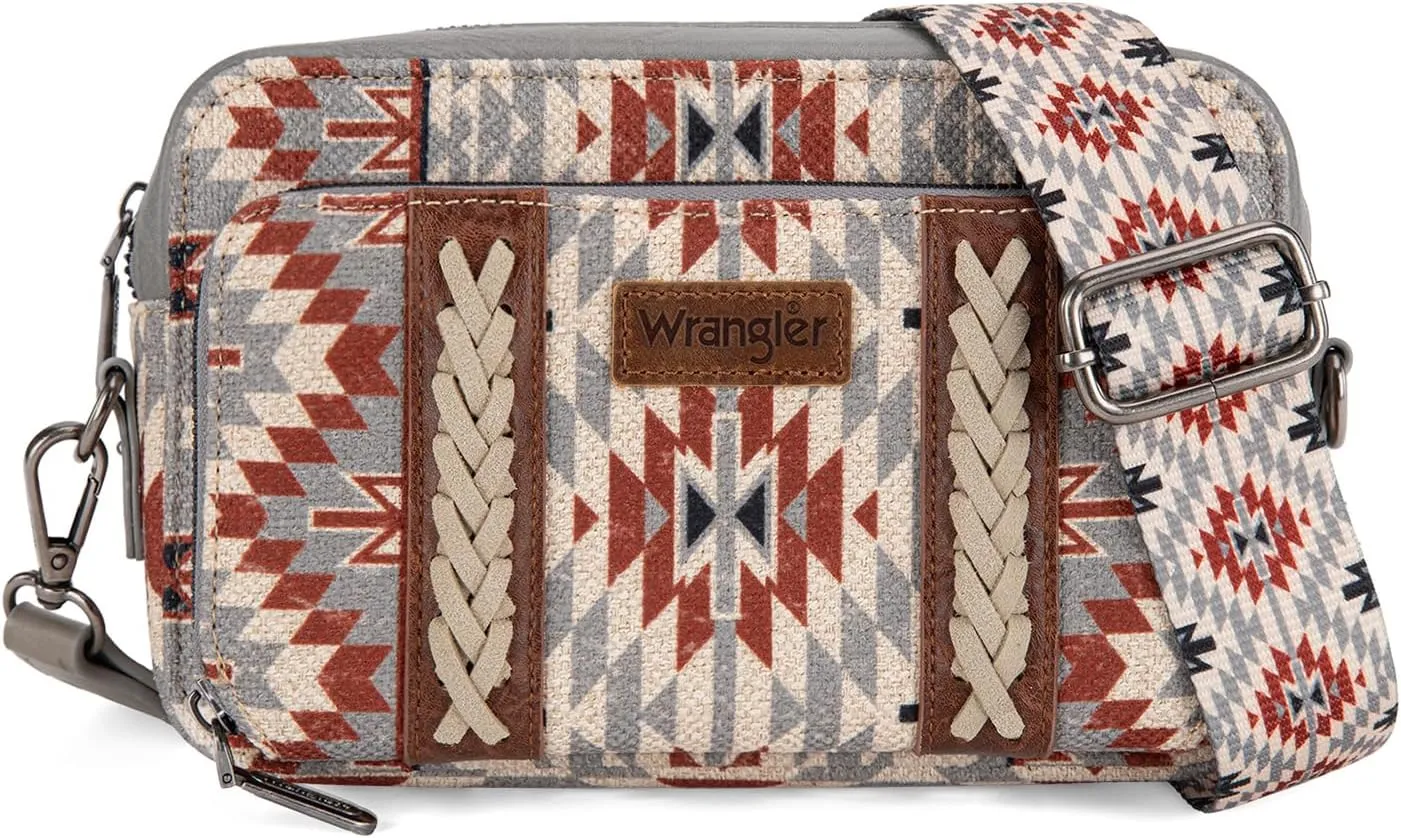 Wrangler Crossbody Bag for Women Boho Aztec Small Multi Pocket Crossover Purse