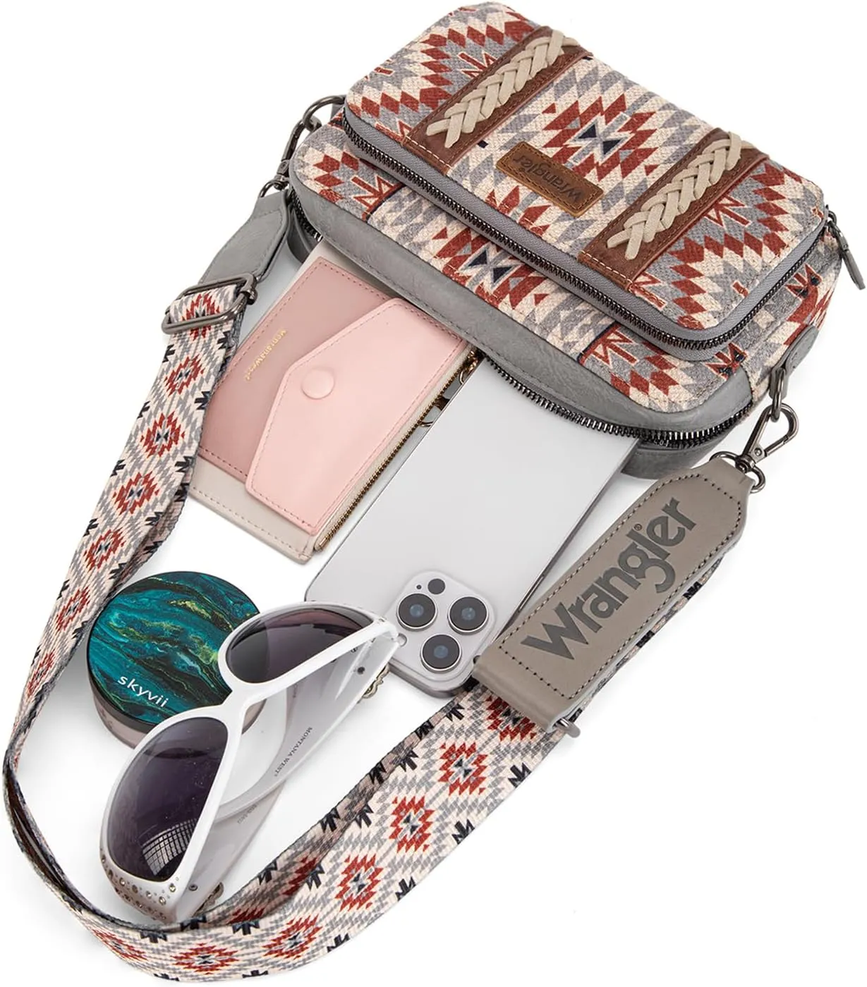 Wrangler Crossbody Bag for Women Boho Aztec Small Multi Pocket Crossover Purse