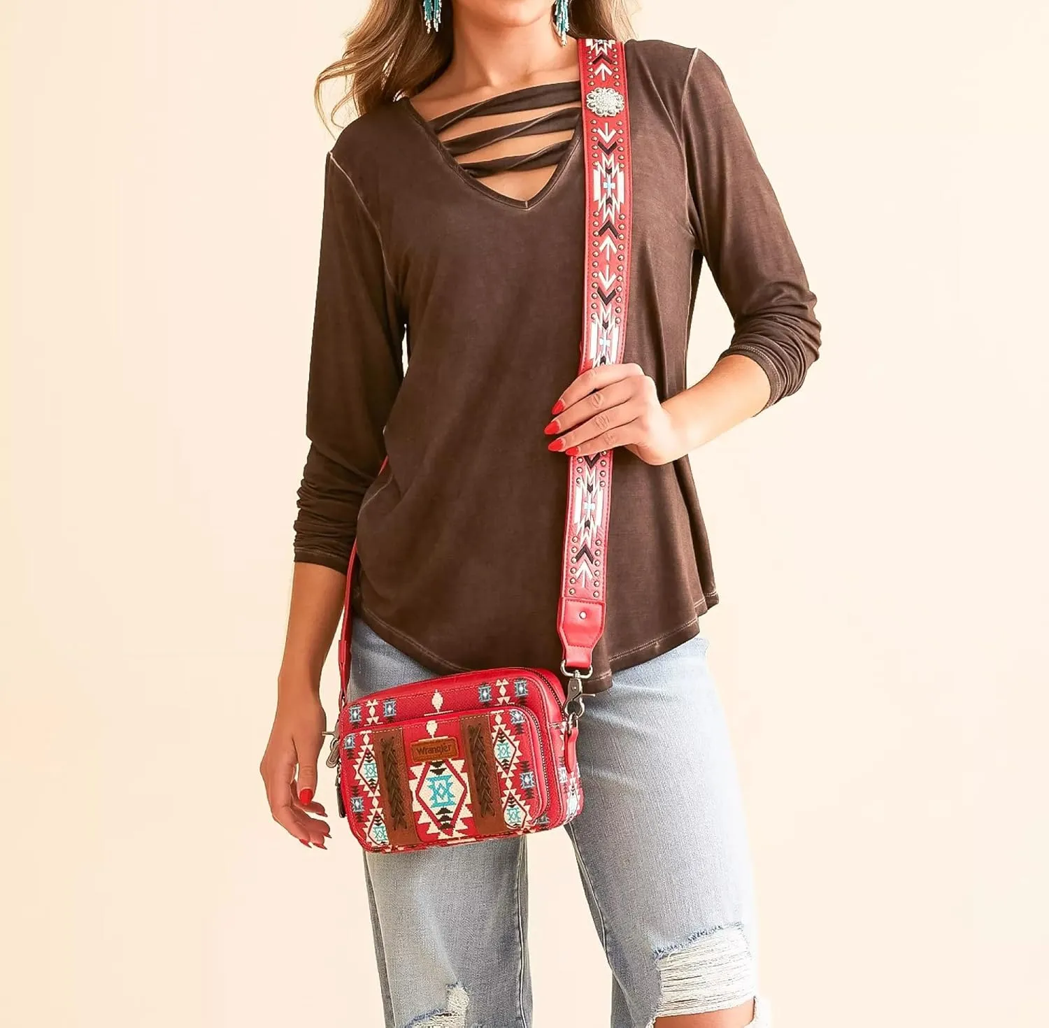 Wrangler Crossbody Bag for Women Boho Aztec Small Multi Pocket Crossover Purse