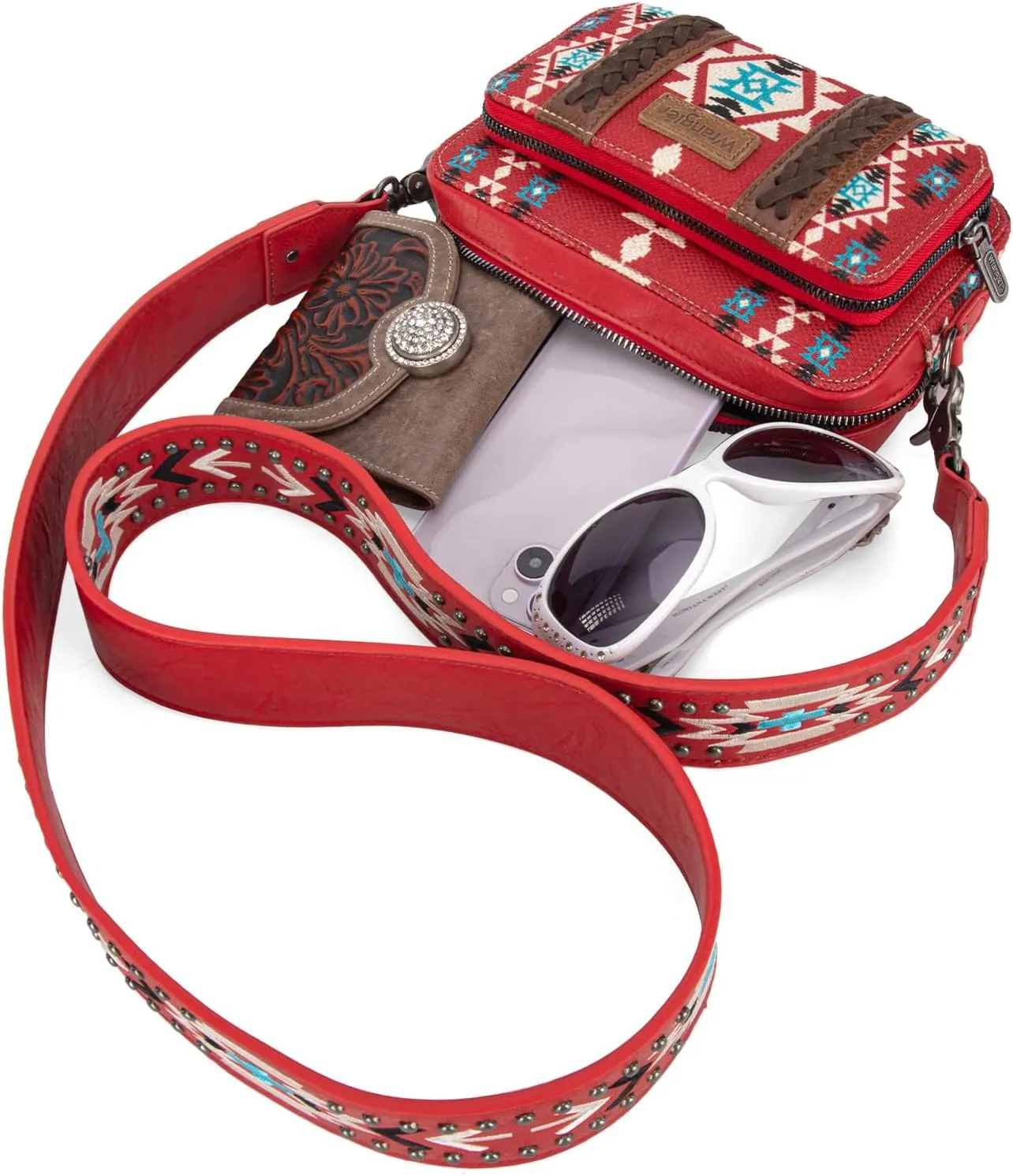 Wrangler Crossbody Bag for Women Boho Aztec Small Multi Pocket Crossover Purse