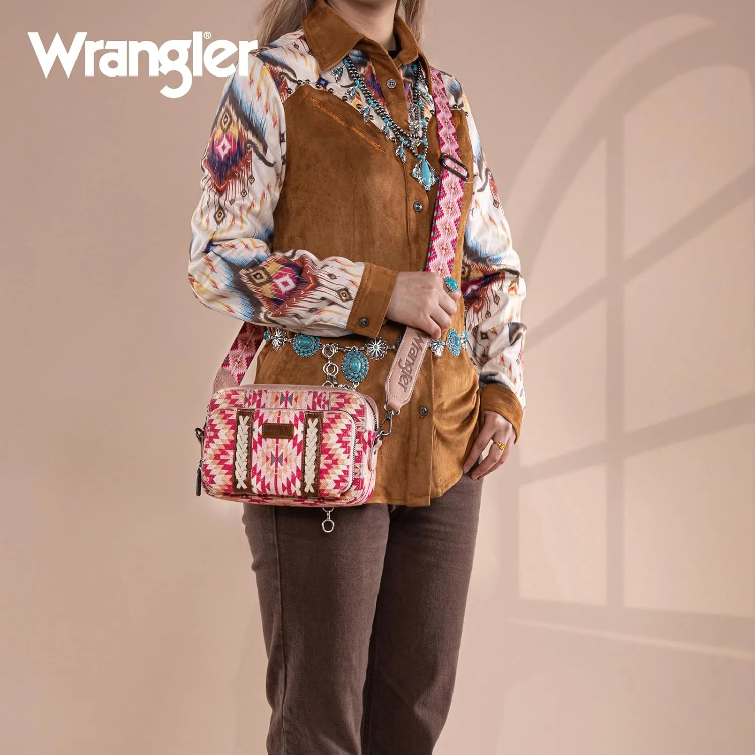 Wrangler Crossbody Bag for Women Boho Aztec Small Multi Pocket Crossover Purse
