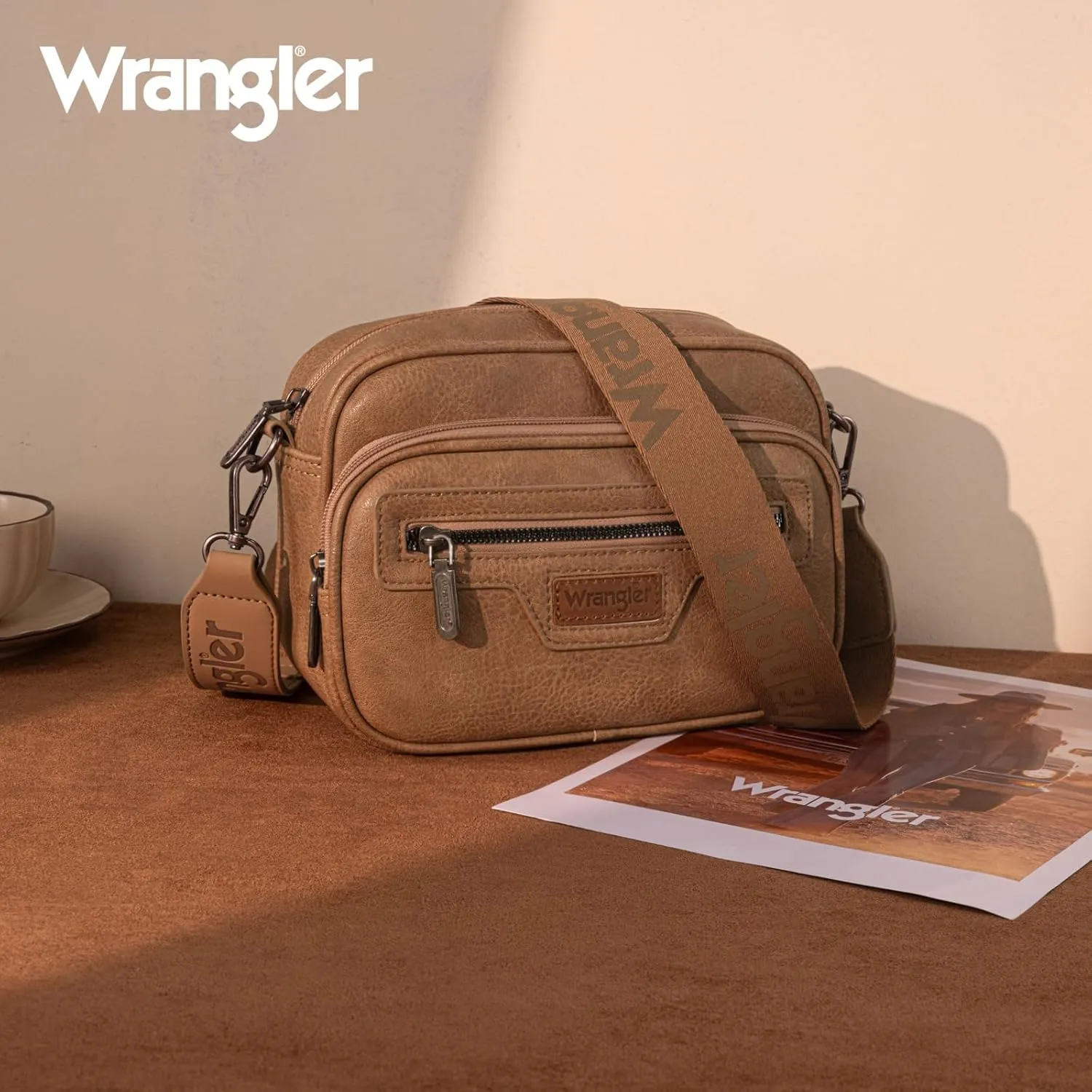 Wrangler Crossbody Bag for Women Vegan Leather Vintage Multi Pocket Crossover Bag Shoulder Pursea with Adjustable Strap