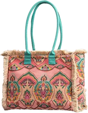 XXGJOALD-Bohemian Vintage Canvas Tote Bag Large Capacity Zipper Shoulder Bag and Handbag for Women Summer (Color-6)