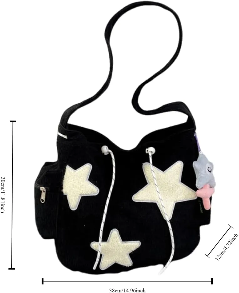 Y2K Star Corduroy Crossbody Bag Casual Tote Lady Simple Large Capacity Shoulder Bag Travel Bookbag Handbag (off white)