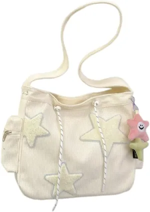 Y2K Star Corduroy Crossbody Bag Casual Tote Lady Simple Large Capacity Shoulder Bag Travel Bookbag Handbag (off white)