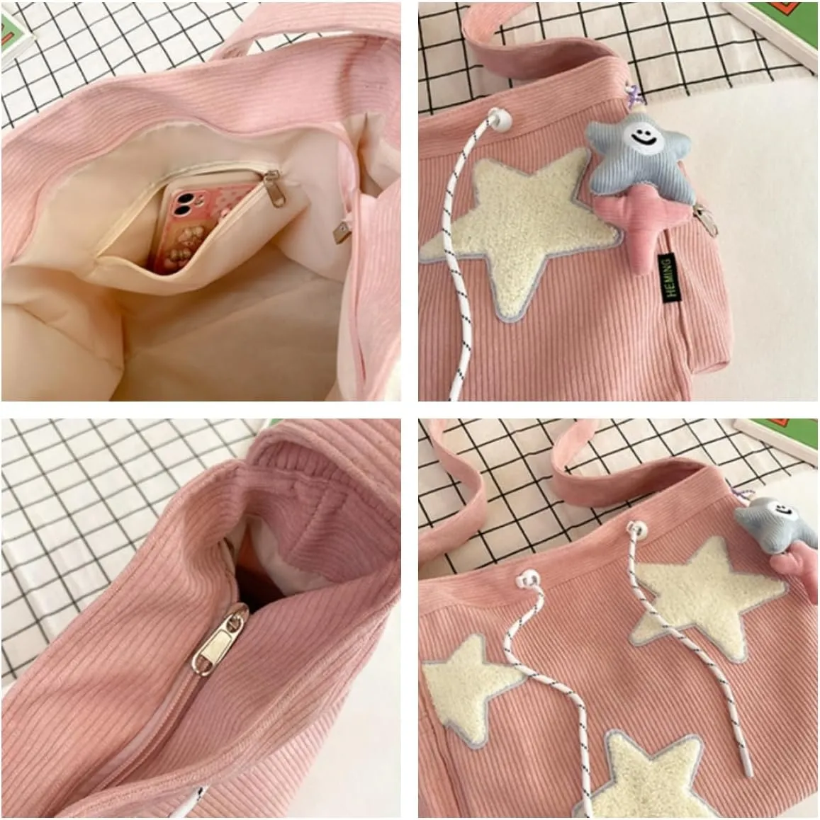 Y2K Star Corduroy Crossbody Bag Casual Tote Lady Simple Large Capacity Shoulder Bag Travel Bookbag Handbag (off white)