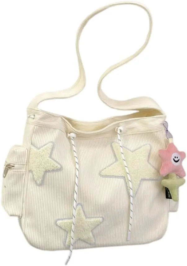 Y2K Star Corduroy Crossbody Bag Casual Tote Lady Simple Large Capacity Shoulder Bag Travel Bookbag Handbag (off white)