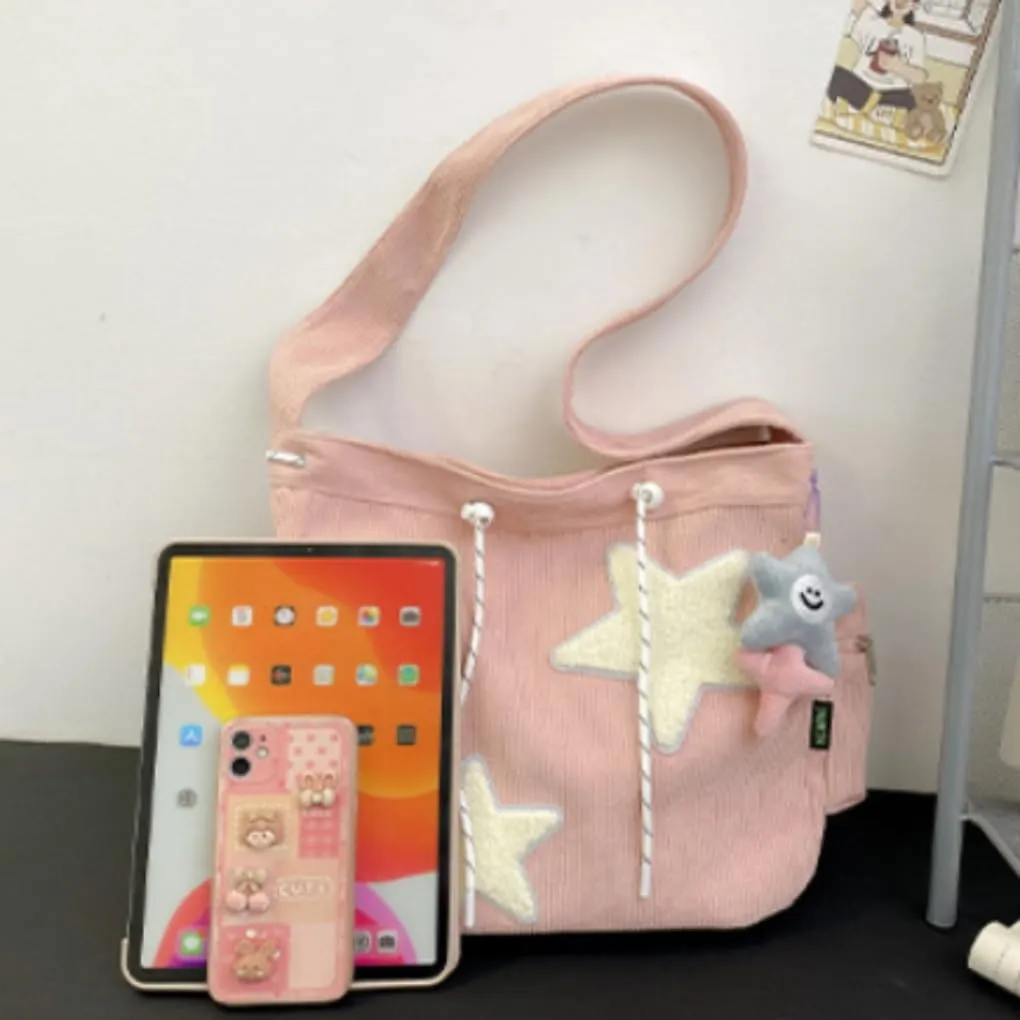 Y2K Star Corduroy Crossbody Bag Casual Tote Lady Simple Large Capacity Shoulder Bag Travel Bookbag Handbag (off white)