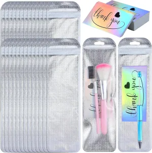 Yeaqee 200 Pcs Resealable Pouch Bags with Thank You Cards 100 Pcs Window Disposable Packaging Pen Bags for Jewelry Food 100 Pcs Holographic Thank You Greeting Cards(8.66 x 2.76 Inch)