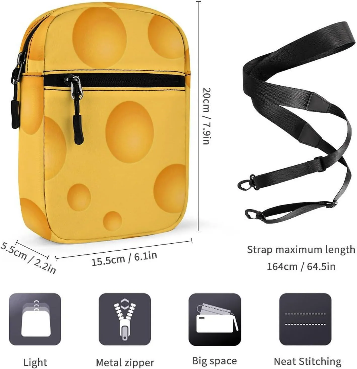 Yellow Cheese Pattern Crossbody Bag Small Shoulder Bag Waterproof, Lightweight And Convenient