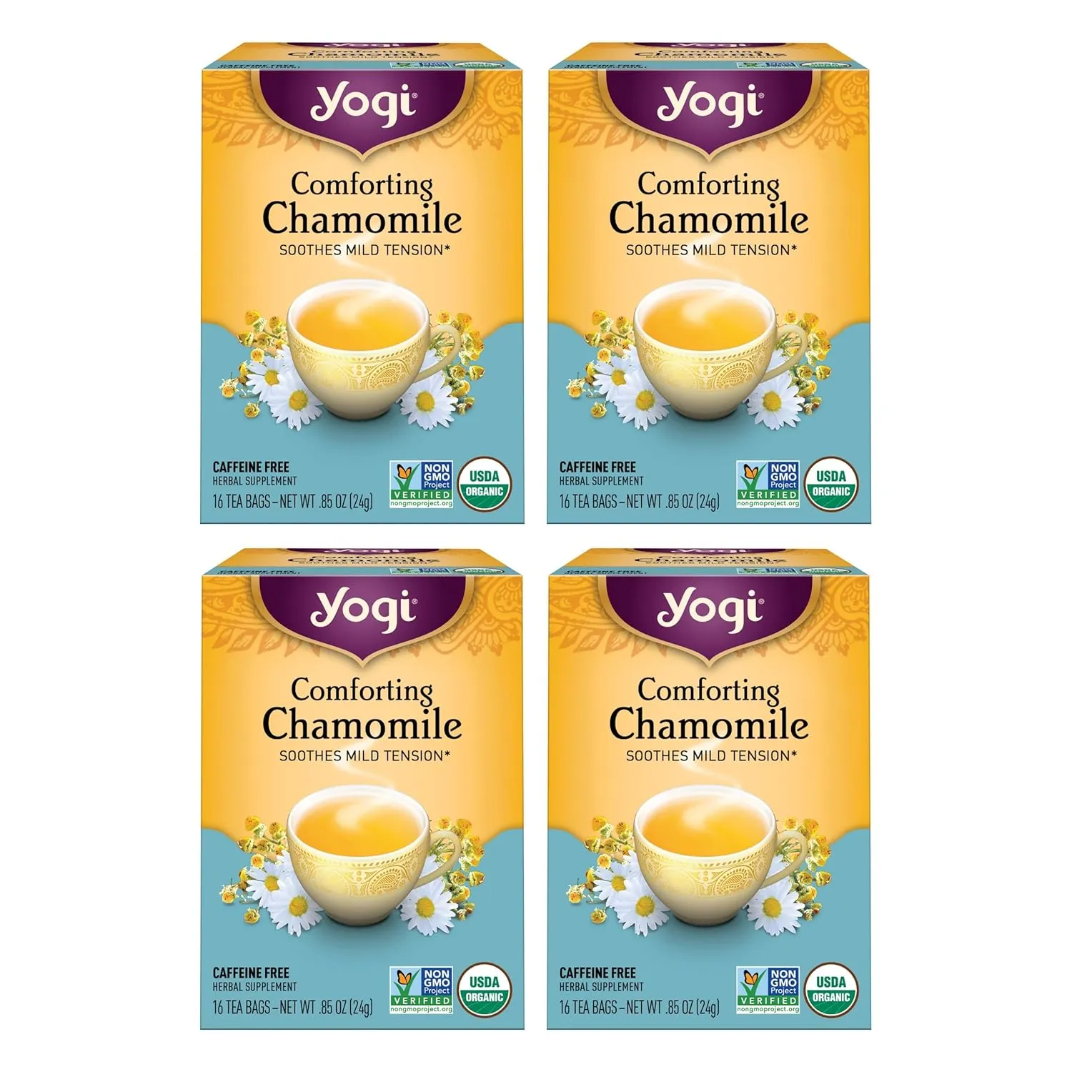 Yogi Tea Comforting Chamomile Tea - 16 Tea Bags per Pack (4 Packs) - Organic Chamomile Tea Bags - Supports a Good Night's Sleep & Occasional Stomach Discomfort - Made from Organic Chamomile Flower