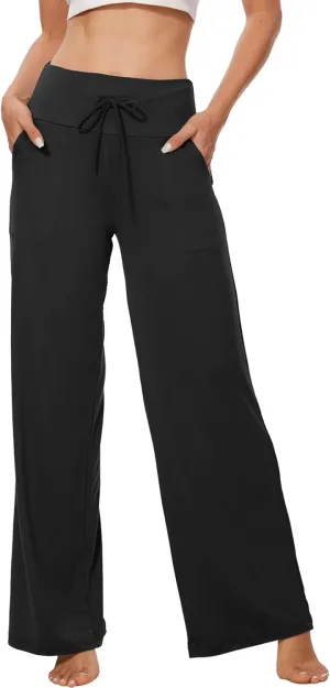 ZOOSIXX Soft Black Pajama Pants for Women, Wide Leg Comfy Casual Lounge Yoga Capri Pants 22'' / 30''