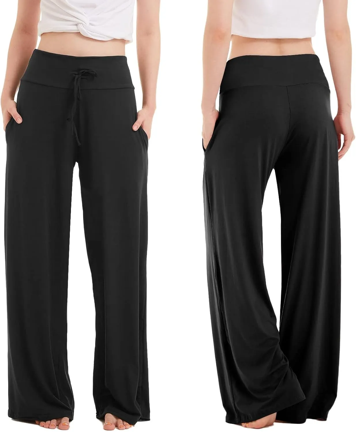ZOOSIXX Soft Black Pajama Pants for Women, Wide Leg Comfy Casual Lounge Yoga Capri Pants 22'' / 30''