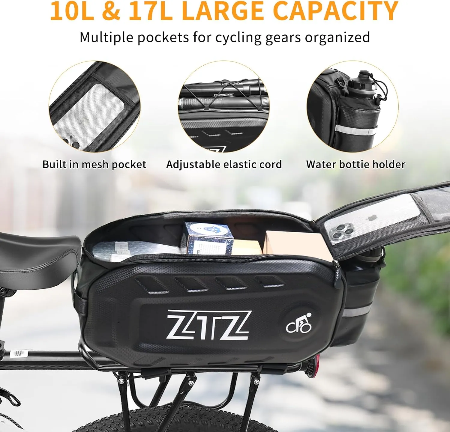 ZTZ Bike Bags for Bicycle Rear Rack, 17L Hard Shell Waterproof Bike Ebike Trunk Panniers Bike Accessories Bicycle Rack Bag with Reflector, Rain Cover & Hand Strap for Commuter Travel Outdoor